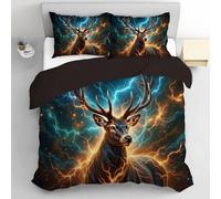 Parure de Lit 140x200cm, Cerf Mystérieux Housse de Couette avec 1 Taies d'oreiller 65x65 cm, des Éclairs Traversent Le Ciel Ensemble de Literie Réversibles avec Fermeture Éclair pour 1 Personne