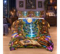 Parure de Lit 160x200 Forêt Cascade Housse de Couette Bibliothèque Magique | Ensemble de literie 3 Pièces avec Fermeture Éclair, Housse Couette et 2 Taie d'oreiller 65x65 cm