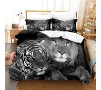 Parure De Lit 160x200 Lion Tigre Noir with 2 Taies D'oreillers 65x65 cm - Microfibre Housse Couette,Adaptées Aux Adultes Et Aux Enfants - Housses De Couettes