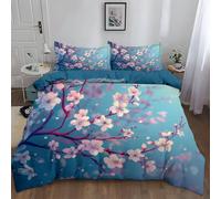 Parure de Lit 180 x 200 cmBelle Fleur De Cerisier Floral Art Bleu Imprimé Housse de Couette en Polycoton pour Adultes Enfant, Ensemble de Literie 1 Personnes avec 2 Taie d'oreiller 65x65 cm