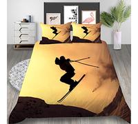 Parure de Lit 2/3 Pièces de Glacier Neige Montagne Imprimé Ski Sports Extrêmes 3D,D'hiver Surf des Neiges Housse de Couette pour Enfant Adolescents Garçon Fille Adulte (Jaune, 220_x_240_cm)