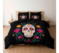 Parure de lit 2 Personne avec Housse de Couette 140 x 200 + Taies d'oreiller, Motif Jour des Morts Art Fleurs Feuilles Crâne, Parure Couette avec Fermetures éclair, Noir Charbon