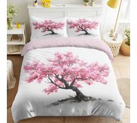 Parure de lit 2 Personnes avec Housse de Couette 200 x 200 Motif Peinture Chinoise Cerisier En Fleurs Classique Élégant , Réversible Rose Souple Parure de Couette pour Amoureux D'Esthétique Orientale