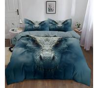 Parure de Lit 2 Personnes avec Housse de Couette Thème Fantastique Tête De Dragon Féroce 200 x 200 cm avec 2 Taies d'oreiller 65 x 65 cm avec Fermeture Eclair pour Adulte Enfant Fille Ado, Gris Vert
