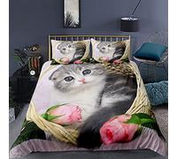 Parure de Lit 2 Personnes Fille Garçon Animal Housse de Couette Cute Pet Chaton Chiot Gris Beige Noir Rose Fleurie Amour Chat et Chien Polyester Ensemble de Literie (Rose, 200 x 200 cm)