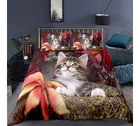 Parure de Lit 2 Personnes Fille Garçon Animal Housse de Couette Cute Pet Chaton Chiot Gris Beige Noir Rose Fleurie Amour Chat et Chien Polyester Ensemble de Literie (Gris, 200 x 200 cm)