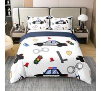 Parure de lit 2 pièces 100 % coton avec housse de couette pour lit simple 100 % coton, motif voiture de police, feux de signalisation, véhicules de police, blanc, noir, bleu