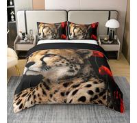 Parure de lit 2 pièces 100 % coton, motif léopard, guépard africain, fleurs rouges, noir, marron, rouge, pour lit simple, sans couette