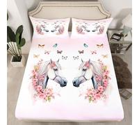 Parure de lit 2 pièces avec 1 taie d'oreiller en polyester doux pour décoration de chambre d'enfant, garçons et filles - Motif chevaux, papillon rose, fleur rose
