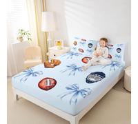 Parure de lit 2 pièces avec drap-housse style rugby américain pour enfants, garçons et adolescents, drap-housse bleu avec nœud mignon (sans drap supérieur), casque de sport et gants à poche profonde