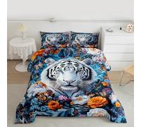 Parure de lit 2 pièces avec housse de couette matelassée colorée et motif tigre cool pour enfants, filles, garçons, animaux sauvages, style bohème coloré, 1 taie d'oreiller