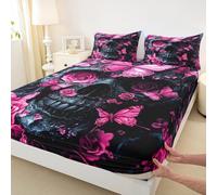 Parure de lit 2 pièces avec housse de matelas gothique à motif tête de mort, rose et papillon romantique, exotique, hippie effrayant, pour enfants et adultes, rose et noir, pour lit simple, sans