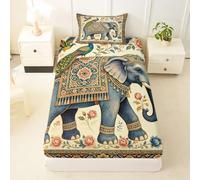 Parure de lit 2 pièces bohème éléphant - Taille M - Motif ethnique paon floral - Pour chambre à coucher - Style exotique asiatique du Sud-Est - Pour enfants et adolescents