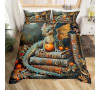 Parure de lit 2 places avec housse de couette et 2 taies d'oreiller, motif dragon mignon, livres magiques (sans rembourrage), jungle mystique, lune et feuilles oranges rustiques