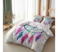Parure de Lit 200 x 200 cm Adulte Garçon Fille, Attrape rêves Aquarelle Fantaisie Plumes Housse de Couette Microfibre 2 Personnes avec Fermeture Éclair, 3 pièces avec 2 Taies d'oreiller, Rose