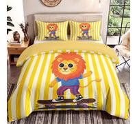 Parure de Lit 200 x 200 cm, Dessin Animé Minimaliste Housse de Couette pour Fille Garçon Chambre, À Rayures Lion Skateboard, Ensemble de literie avec Fermeture Éclair, Jaune