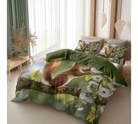 Parure de Lit 200 x 200 cm Écureuils Jouant sur Une Branche Housse de Couette en Microfibre 2 Personne pour Enfant Ado Fille, Vert foncé Housse de Couette et 2 Taie d'oreiller 65x65 cm