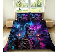 Parure de Lit 200x200 cm 2 Personnes Housse de Couette 3D Motif Crâne Ruines Cybernétiques Douce et Confortable Linge de Lit Imprimé avec 2 Taie d'oreiller Violet G-1143