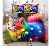 Parure de Lit 200x200 cm Imprimé 3D | Housse de Couette 3D et 2 Taies 65x65 - Microfibre Polyester Léger Respirant - Lavable en Machine Chat Coloré pour Enfants Q2302