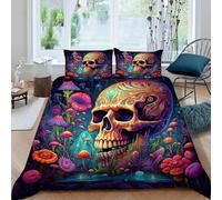 Parure de Lit 200x200 cm pour Enfants 3D Imprimé Crâne d'art coloré Parure Housse de Couette Fleur de Champignon Parure de Couette Chambre Décor 2 Personnes avec 2 Taies d'oreiller 50x75 cm (Dx12241)