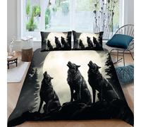 Parure de Lit 200x200 cm pour Enfants Hurlement du Loup de la forêt Parure Housse de Couette Ciel Nocturne de Pleine Lune Parure de Couette Chambre Décor 2 Personnes avec Taies d'oreiller (Dx12710)
