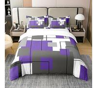 Parure de Lit 200x200 Coton Biologique, Ensemble de Literie Noir Blanc Gris Violet, Housse de Couette Géométrique Carrée pour Enfants Adultes, Couvre Lit Moderne À Rayures Géométriques