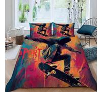 Parure de lit 200x200 Enfant Skateboard Doux Microfibre Literie avec Fermeture Éclair et 2 Taies d'oreiller Sports Extrêmes 3D Housse De Couette 2 Personnes pour Garçon Fille Adulte
