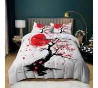Parure de Lit 200x200 Romantique À Fleurs de Cerisier, Housse de Couette et Taie D'Oreiller, Motif Arbre Sakura Japonais, pour Enfants, Filles et Femmes, Réversible, Rose et Rouge, pour Lit Double