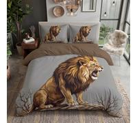 Parure De Lit 200X200 Sauvage 2 Personnes, Housse De Couette Et 2 Taies d'oreiller 65X65, Linge De Lit Réversible Animaux Rugissants Féroces Lion D'Afrique Gris avec Zip, Microfibre Douce