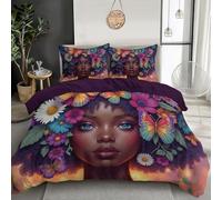 Parure de lit 200x200cm 3 pièces, Housse de Couette 200x200cm avec 2 Taies d'oreiller 65x65 cm, Ensemble de Literie Microfibre Motifs Fleurs Papillons Noir Femmes Figures Portraits, Sans Repassage