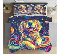Parure de Lit 220x220 Amoureux des Chiens Golden Retriever Housse de Couette 3 Pièces Douce et Respirante Science Fiction Planète Parure de Lit avec Fermeture Éclair,2 Taies d'oreiller 65x65cm