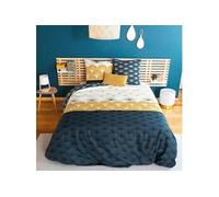 Parure de lit 220x240 cm adulte Housse de Couette + 2 Taies d'oreiller motif imprimé réversible floral bleu et jaune en microfibre