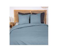 Parure de lit 220x240 cm Adulte - Housse de Couette 220x240 cm + 2 Taies d'oreiller 63x63 cm en percale de coton bleu uni -