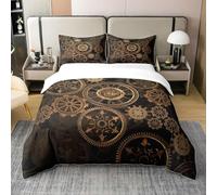 Parure de Lit 220x240 Coton Biologique, Ensemble de Literie Golden Ndustrial Gear, Housse de Couette Steampunk, Housse Couette À Thème Horlogerie pour Garçons Hommes, Couvre Lit Noir