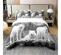 Parure de Lit 220x240 en Coton, Housse de Couette Loup Blanc, Ensemble de Literie Couple de Loups, Housse Couette Safari Animaux pour Enfants Garçons Filles, Faune Exotique