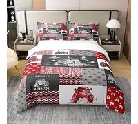 Parure de Lit 220x240 en Coton, Housse de Couette Tracteur Rouge pour Garçons, Ensemble de Literie Tracteur de Chantier, Housse Couette Camions D'Équipement, Noir et Blanc