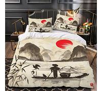 Parure De Lit 220x240 Enfant Peinture De Paysage Housse De Couette Microfibre 2 Personnes avec Fermeture Éclair Soleil Pêcheur Hypoallergique Ensemble de Literie 3 pièces+ 2 Taies D'oreillers