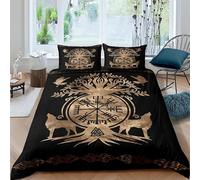 Parure de Lit 220x240 Fenrir, Le Loup Viking Housse de Couette Enfant 2 Personnes Adolescents Heaume D'Odin De l'arbre De Vie Parure de Lit Microfibre avec Fermeture Éclair, 2 Taie d'oreiller 50x75cm