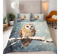 Parure de Lit 220x240 Microfibre Confort 3D Chouette sur une branche Neige Motif Housse de Couette 220x240 + 2 Taies d'oreiller 50x75 Ensemble de Literie Avec Fermeture éclair et Attaches de Coin