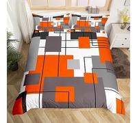 Parure de Lit 220x240 Motif Géométrique Carrée, Ensemble de Literie Noir Blanc Gris Orange, Housse de Couette Rayée Géométrique, Couvre Lit Abstraite Moderne du Milieu du Siècle, Légèreté