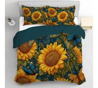 Parure de lit 220x240cm Bleu Adulte 2 Personnes Sets de Housse Couette Ensemble Literie Nature Fleurs Tournesols Papillons À L'Aquarelle Linge Lit Fermeture éclair, 2 X 65x65cm Taies d'oreiller