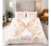 Parure de Lit 220x240cm Fête Des Mères Housse de Couette Enfant 2 Personnes Adolescents Motif Festif De Papillons Et De Fleurs Parure de Lit Microfibre avec Fermeture Éclair, 2 Taie d'oreiller 65x65cm