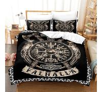 Parure de Lit 220x240cm Viking Housse de Couette Enfant 2 Personnes Adolescents Hache Boussole De La Mythologie Viking Parure de Lit Microfibre avec Fermeture Éclair, 2 Taie d'oreiller 50x75cm
