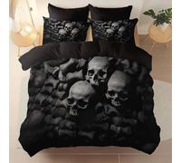 Parure de lit 240 x 220 cm avec Housse de Couette et 2 taies d’Oreiller - Dark Fantasy Crâne Os thème draps Doux Respirants en Microfibre brossée Linge de lit Chambre Adulte Enfant Gris