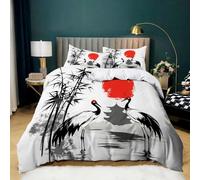 Parure de Lit 240 x 220 Grue à Couronne Rouge en Bambou de Style Japonais Housse de Couette Microfibre Confortable Ensemble de Literie avec Fermeture Éclair et 2 Taies d'oreiller pour Garçon Fille