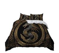Parure de Lit 240 x 260 cm Housse de Couette Dragon runique de Style Viking avec 2 Taies, Microfibre sans Repassage, Linge de Lit Facile d'entretien Noir et Or, Fermeture Éclair et 4 Attaches de Coin