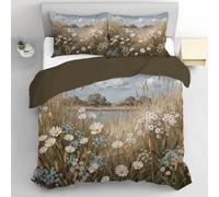 Parure De Lit 240 x 260 cm, Housse De Couette Marguerites Herbe Ermeture éclair, Housse De Couette Peinture À l'huile Vintage Microfibre 3 PièCes Linge De Lit avec 2 Taies d'oreiller