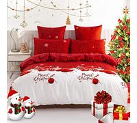 Parure de Lit 240 x 260cm Décorations De Noël, Microfibre Sets de Housse de Couette Adulte Flocons De Neige De Noël, 3 pièces Ensemble de Literie Rouge Blanc avec 2 Taies d'oreiller pour 2 Personne