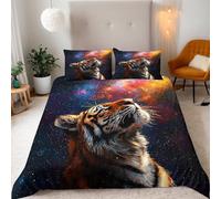 Parure de Lit 240x260 Microfibre Confort 3D Animal Tigre Regardant les étoiles Motif Housse de Couette 240x260 + 2 Taies d'oreiller 50x75 Ensemble de Literie Avec Fermeture éclair et Attaches de Coin