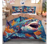 Parure de Lit 240x260cm Imprimé Style géométrique Abstrait Un Requin la Gueule Grande Ouverte Housse de Couette en Microfibre 2 Personne, Bleu-Orange Housse de Couette et 2 Taie d'oreiller